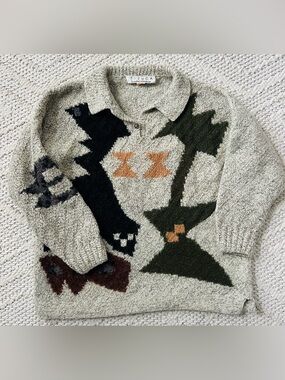 TIJUCA LAURA PEARSON Hand Knit Wool Collared Geometric Shape Oversized Sweater